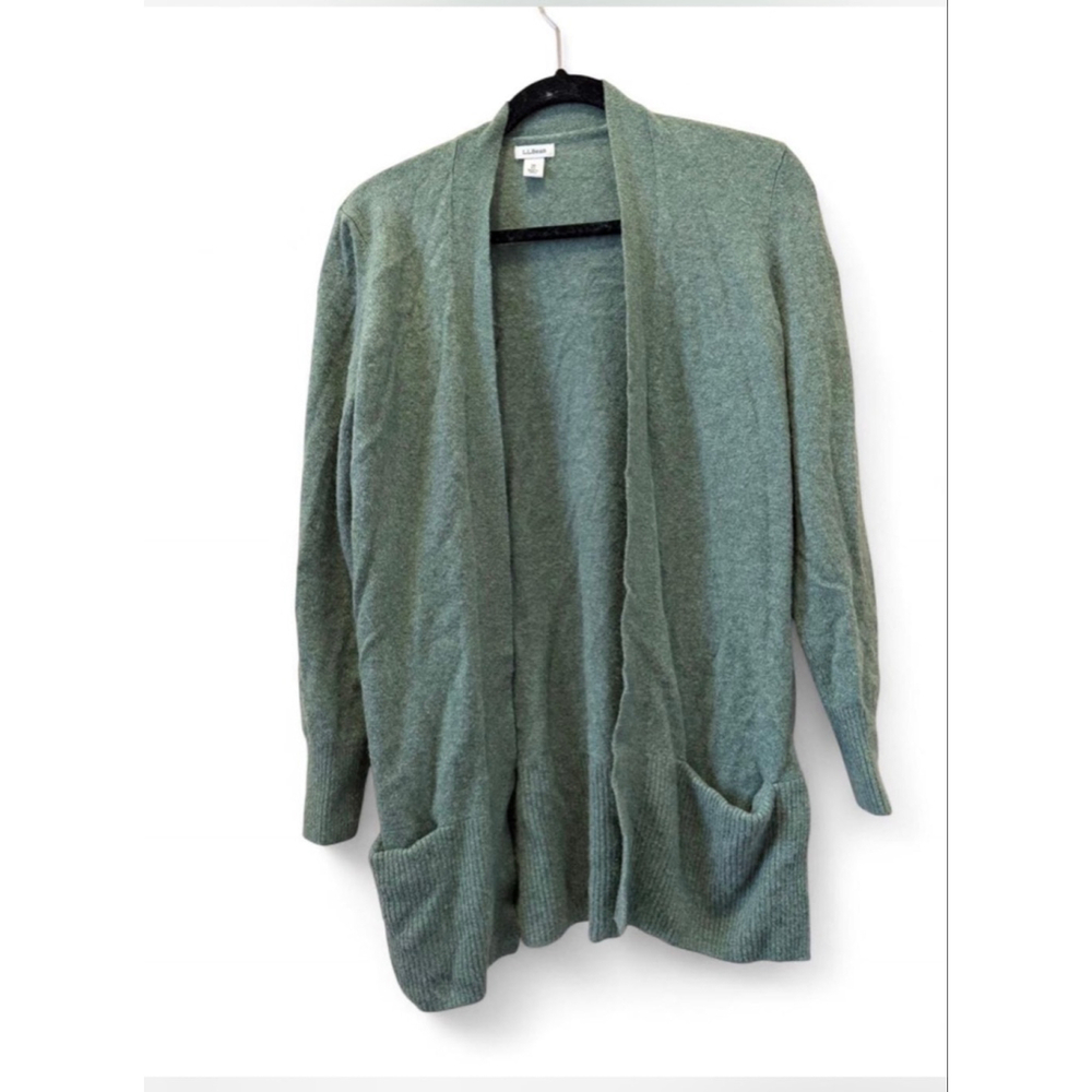LL Bean Cashmere Open Front Cardigan Sweater Pockets Womens Medium Green